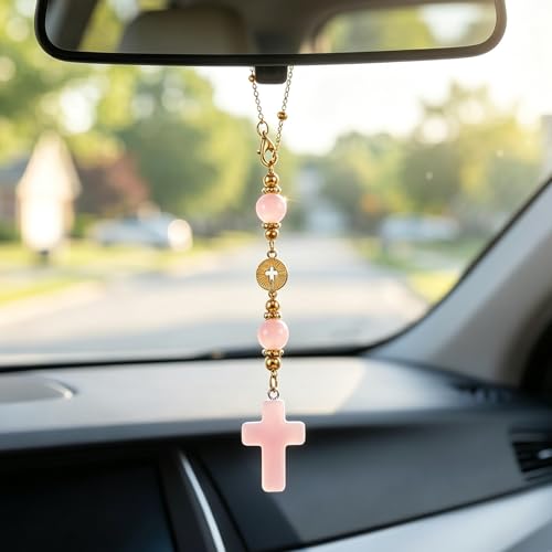 Crystal Cross Rearview Mirror Pendant, Rose Quartz Crucifix, Catholic Gift