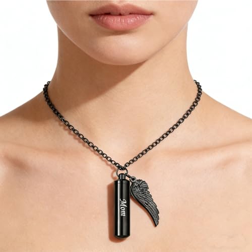 Black Bullet Urn Necklaces for Ashes Angel Wing Charm Cremation Jewelry Stainless Steel Keepsake Memorial Pendant Grandpa
