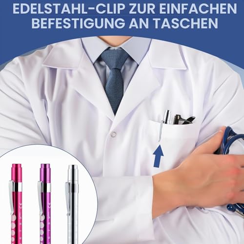 3 Pupil Light in Purple, Pink, Silver, LED Torch Eye Light | Pupil Meter Pupil Light, Portable Light Pen with Pocket Clip, Ruler, Nurse Care Accessories