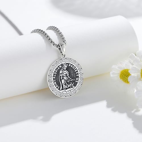 Saint Florian Necklace 925 Sterling Silver St Florian Necklace Religious Protector Amulet Jewellery Gift for Men Women Firefighters 20+2 inch