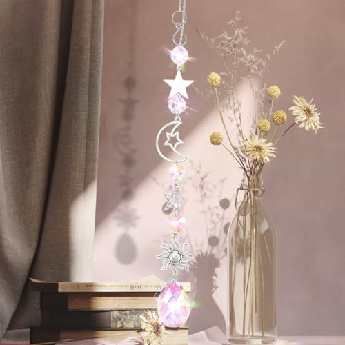 Moon and Star Rear View Mirror Car Charm, Cute Boho Sun Catcher Pendant Hangings Ornaments Healing Crystals Stones Car Decor for Women Men(A) A