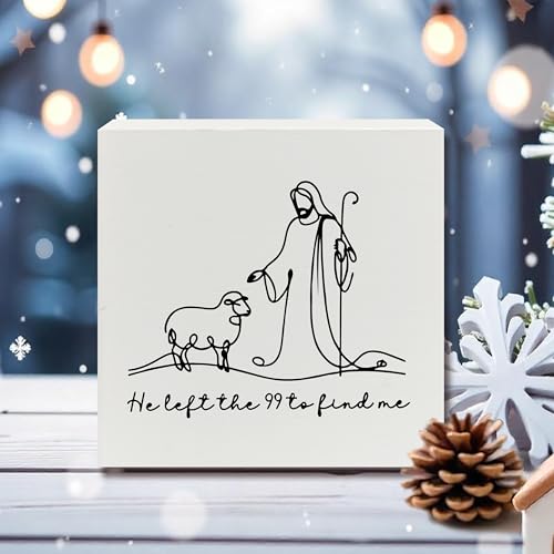 Christian He Left the 99 to Find Me Wooden Box Sign, Christian Gifts for Women, Faith Based Gifts, Bible Verse Scripture Wood Block Sign for Home Office Desk Shelf Table Decor, 5x5 Inch white -5
