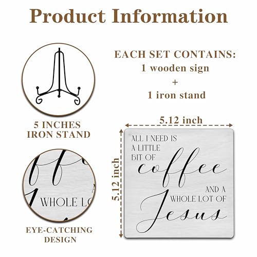 Farmhouse Coffee Bar Decor, All I Need Today Is A Little Bit of Coffee & A Whole Lot of Jesus Wooden Sign with Iron Stand, Christian Gifts for Home Kitchen Decor (A05)