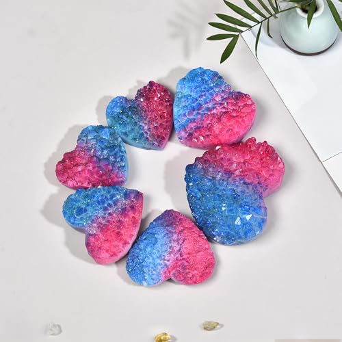 JIC Gem Red Blue Titanium Coated Large Heart Crystal Cluster Geode Healing Crystals Heart Shaped Rocks with Crystal Display Stand Home Decor Reiki Meditation 3.14-3.54 inch Bluepink