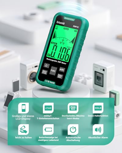 ERICKHILL EMF Meter, 3-in-1 Portable Electrosmog Meter & Ghost Hunting Equipment for RF, EF, MF & WLAN, Radiation Meter with 3-Colour Alarm, Rechargeable Battery for Home, Office & Outdoor MF/EF/RF dashboard