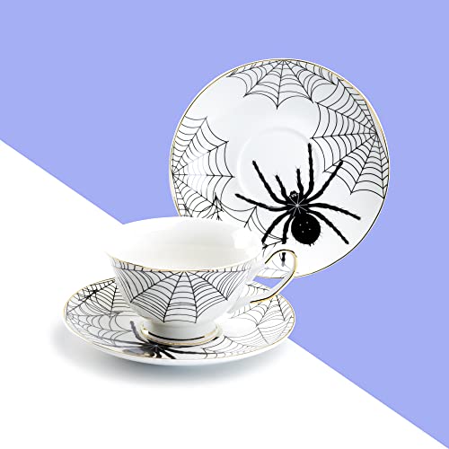 Black Spider White Gold Tea Cup and Saucer with Gold Trim Halloween
