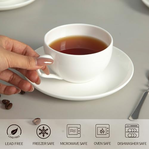 Bone China Tea Cups and Saucers Set (6 oz, Set of 4) – White Luxury Fine Porcelain Mugs for Tea, Coffee, Latte Art, Barista Use, Elegant Gifting Mid Minghai White 7 oz (4 pcs)