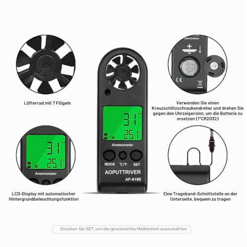 Wind Gauge Hand Digital LCD Wind Speed Meter Guages Air Flow Speed with Backlight Measurement Thermometer for Windsurfing Sailing Fishing etc UK-AP-816B Digital