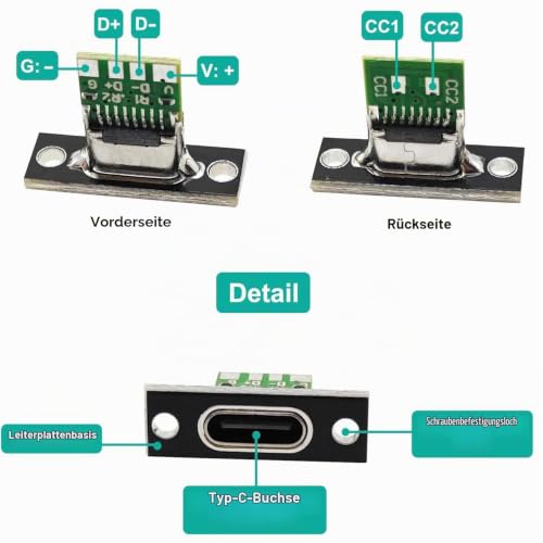 Pack of 10 USB 3.1 Type C Male Board, 5A USB C Breakout Board, USB-C Soldering Adapter, DIY Plug for Panel Mounting
