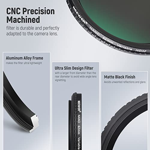NEEWER 62mm HD Variable ND Filter ND2-ND32 (1-5 Stops) No X Cross/Optical Glass/30 Layer Nano Coated/Ultra Slim Aluminum Alloy Frame/Water Repellent/Anti Scratch Adjustable Neutral Density Filter HD ND2-ND32