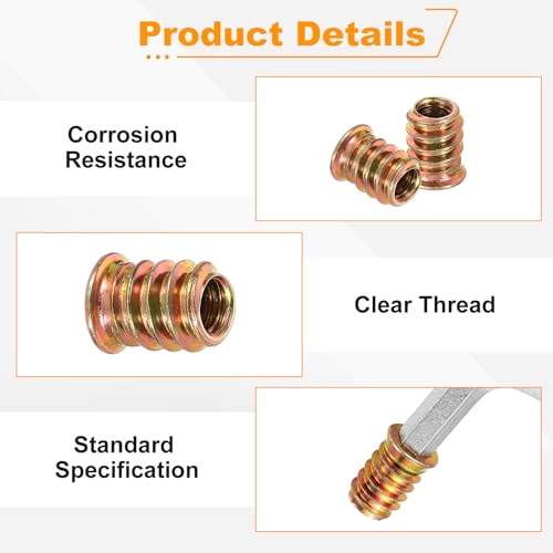 uxcell 1/4"-20 gold threaded wood inserts, 15mm long, 100-piece set