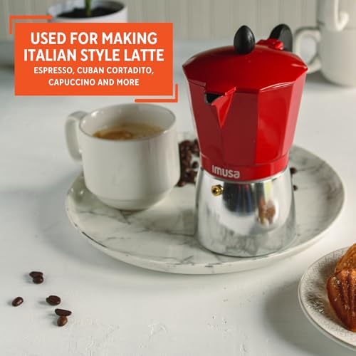 Imusa USA Red Aluminum Stovetop 6-cup Classic Italian and Cuban Espresso Maker (B120-43T), Silver/Red 6 Cup