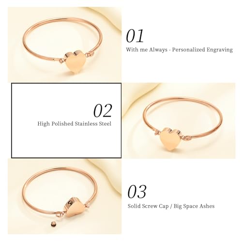 Oinsi Heart Urn Bracelet for Ashes, Cremation Jewelry Leather Bracelets for Men Women, Memorial Jewelry With Filling Kits Rose Gold