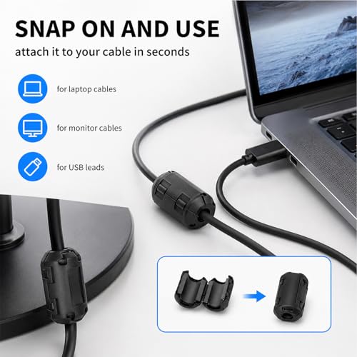 Pack of 20 Ferrite Cores for Cables, Ferrite Core, Folding Ferrite, RF Emi Noise Reduction Cable Clip, with 5 mm/7 mm/9 mm/13 mm Inner Diameter, for USB Cable, Audio and Video Cable, Power Cord (Black
