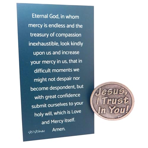 Westmon Works Divine Mercy Prayer Token Set Italian Metal Jesus Pocket Trinket and Holy Card Made in the USA