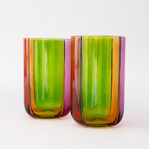 ban.do Bar Glass Set of 2, 17.5 oz Cute High Ball Glasses for Adults, Unique Drinking Glasses, Aesthetic Glassware for Bar Cart (Colorblock)