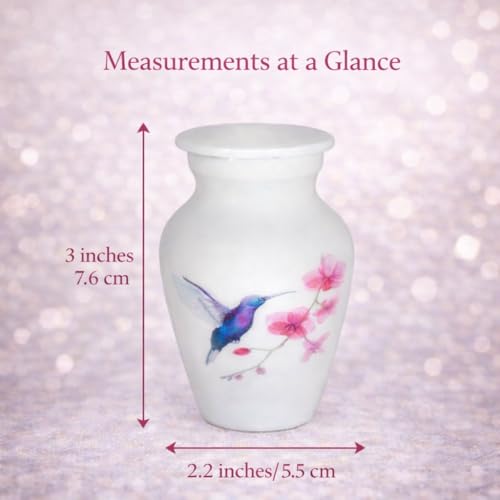Small Keepsake Cremation Urn with Velvet Case | Choose from Unique Colors | Lovely Sharing Mini Metal Token for Human Ashes or Pet. (Keepsake, Hummingbird White)