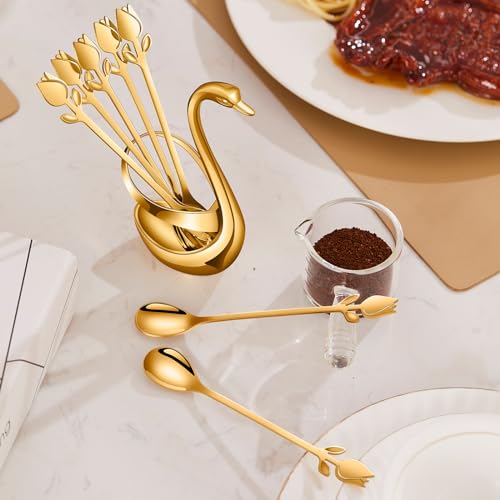 Gold Swan Base with 12-piece coffee spoon holder set, featuring 6-inch gold swan design for coffee and espresso spoons.