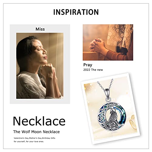 POPLYKE Sterling Silver Wolf Necklace Gifts for Women Celtic Knot Wolf Moon Pendant Necklace Jewelry for Men 18+2'' Wolf Urn (Turquoise)