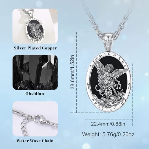 EUDORA St Saint Michael Necklace Medal for Women Men Silver-Plated Copper with Obsidian, Archangel St Michael Pendant for Protection Medalla de San Miguel Arcangel Jewelry Gifts for Mens Women, 22"