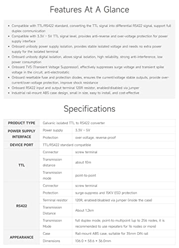Waveshare Rail-Mount TTL to RS422 Galvanic Isolated Converter Anti-Surge Multiple Isolation Protection Longer Transmission Distance