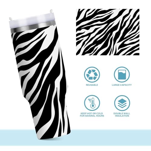 40 oz Tumbler with Straw & Handle - 2 in 1 Lids Leak Proof Tumblers - Large Insulated Stainless Steel Cup - BPA-Free Water Bottle Travel Metal Mug for Women Man, Black and White Zebra Skin Print 40 Ounces