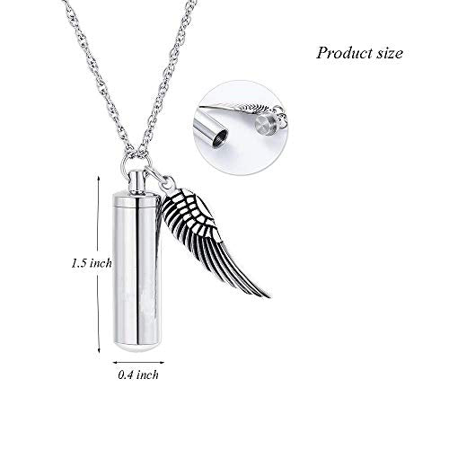 Unisex Cylinder Urn Necklace with Angel Wing Charm Stainless Steel Memorial Cremation Jewelry for Ashes Holder with charm