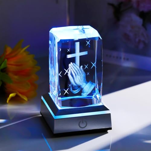 YWHL 3D Crystal Cross Figurine, Praying Hands Religious Gifts for Women Cross in Hand