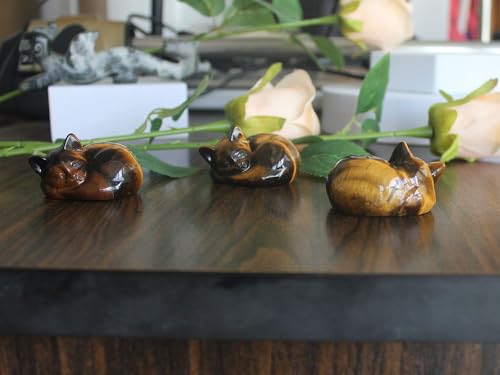 Hand Carved Gemstone Crystal Sleeping cat Figurine Animal Statue Carving Office Office Home Decor 2'' (Gold Tiger Eye) Gold Tiger Eye