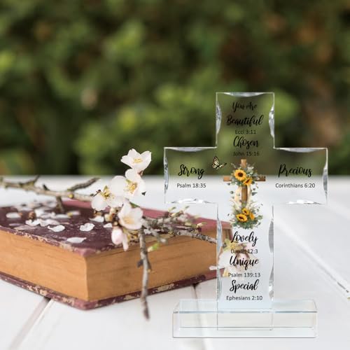 WEBEEDY Bible Verse Sunflower Catholic Cross Decor Acrylic Standing Cross with Base, Religious Gifts for Women Men Biblical Verse Catholic Cross Statue for Memorial Gift Home Office Decor, 10x15cm