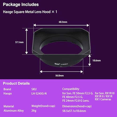 Haoge Metal Square Lens Hood for Sony RX1R3 M3 FE 40mm F2.5 G FE 50mm F2.5 G FE 24mm F2.8 G Lens Shade on Sony A7CII A7CR A7R4 Bayonet Mount LH-S245G-N