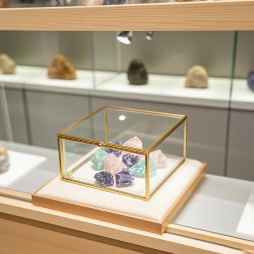 Feyarl Gold Glass Crowns Box Jewelry Trinket Ring Earring Keepsake Wedding Photo Cards Decorative Box Crystal Stones Display Holder Organizer for Birthday Dresser Tabletop（6.3 x 6.3 x 3.35inch