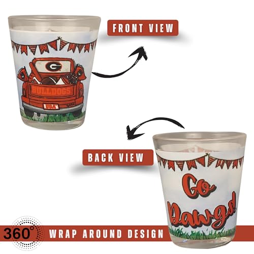 Game Day Outfitters Georgia Bulldogs Set of 4 Shot Glasses Unique Pick-Up Truck Team Cheer 360° Artwork | Round 1.5 oz Clear Glass | For Alumni, Student, Fraternity, and Resident Fans Gift Idea