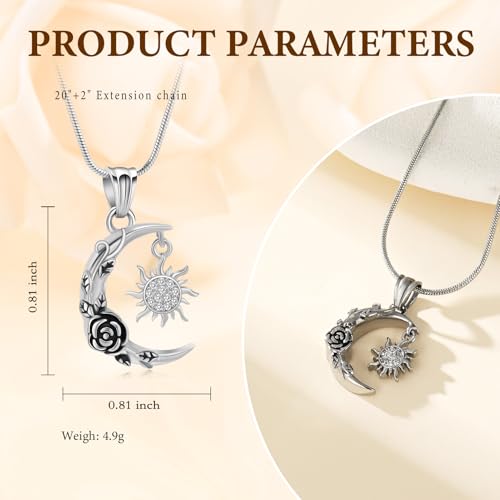 Crescent Moon and Sun Rose Urn Necklace Cremation Jewelry for Human Ashes for Women Men Memorial Ashes Keepsake Pendant Silver