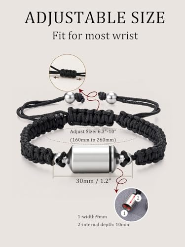 Zysta Cremation Urn Bracelet for Ashes Adjustable Rope Cylinder Urn Bracelet Bangle for Ashes for Men Women Stainless Steel Memorial Keepsake Rope Braided Bracelet Jewelry Silver