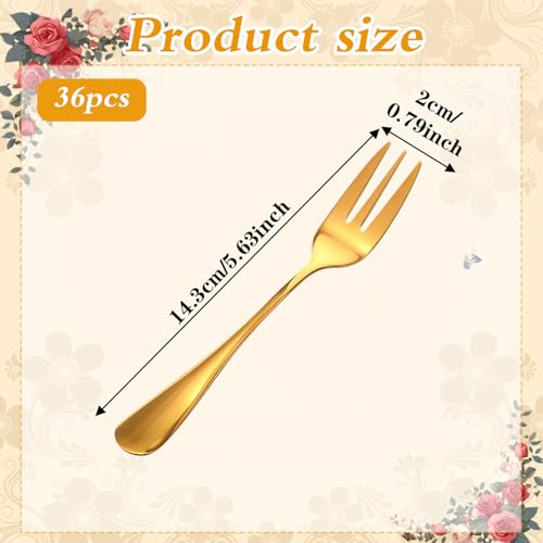 36 Pcs Gold Stainless Steel Dessert Forks, 3-Tine Mini Oyster Fork Appetizer Seafood Cocktail Salad Fruit Tableware, 5.6 Inch Elegant Mirror Polished for Party Travel Picnic Buffet Wedding