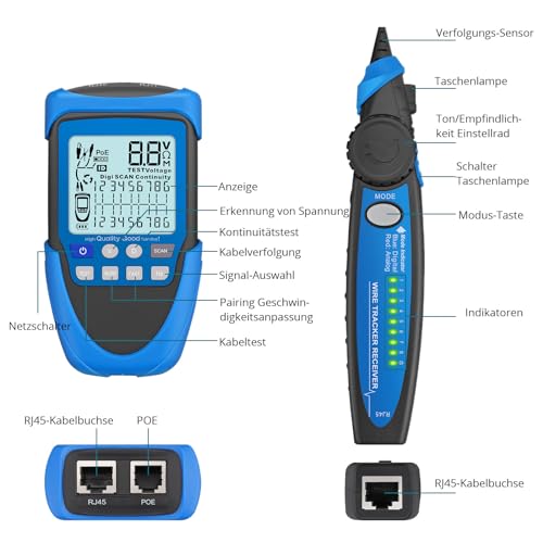 RJ45 Cable Tester POE with LCD for CAT5/6/7/8 | Multifunctional network tester, cable CAT5 to CAT8 tracker, line finder for short circuit, cross and interruption test