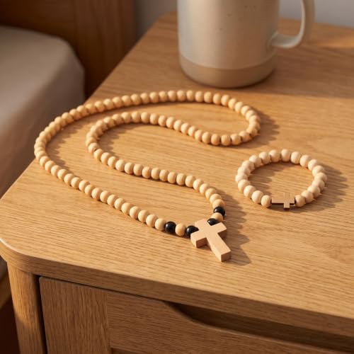 Garneck 2pcs Wooden Religious Prayer Bead Necklace for Women, Beige Beads