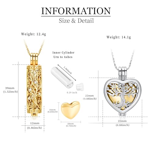 Tree of Life Urn Necklaces for Ashes Heart Shape Cremation Jewelry Memorial Keepsake Jewelry Gifts for Women Men Memorial Lockets Ashes Holder for Pet 2pcs-Silver gold