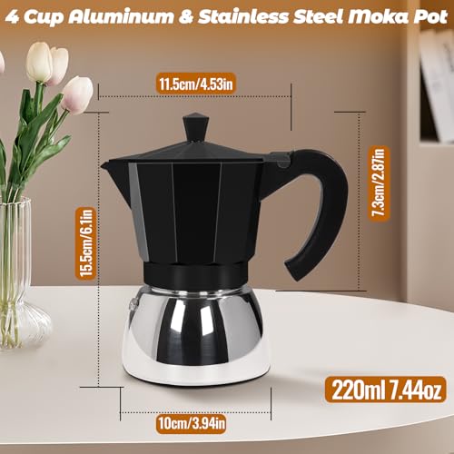 No Coating 4 Cup Aluminum and Stainless Steel Moka Pot Stovetop Black 4 Cup 220ml