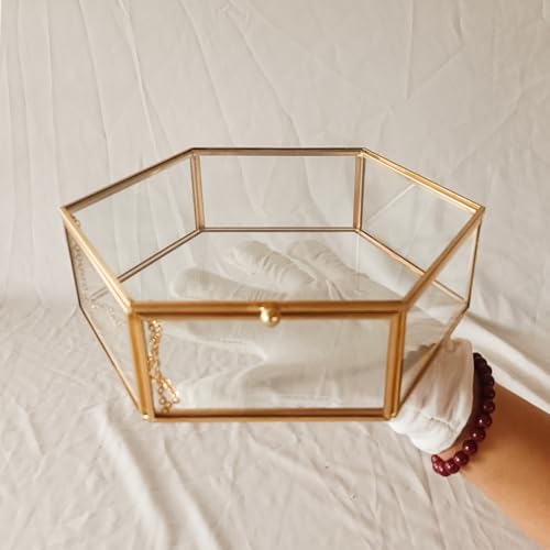 Large Glass Vintage Jewelry Box, Gold Hexagonal Jewelry Display Organizer Large - 8.7x7.5x2.4 inch