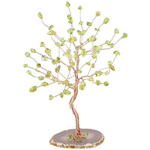 SUNYIK Natural Peridot Crystal Tree with Agate Slice Base 5''-6.7'' Green