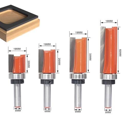 Flush Cutter Set of 4 HW, Diameter 19 mm, Shaft 8 mm, with Ball Bearing on Shaft | Four cutting lengths (20/25/38/50 mm) for precise flush milling, copying and template milling. Bündigfräser 4-tlg.