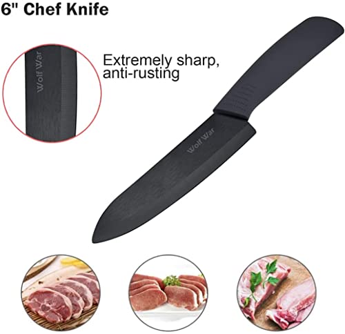 Kitchen Ceramic Knife Set Professional Knife With Sheaths, Super Sharp Rust Proof Stain Resistant (6" Chef Knife, 6" Bread Knife, One Peeler) Dark black