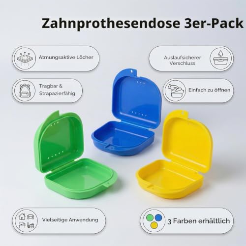 Braces Box, Pack of 3 - Practical and Hygienic Storage Box for Braces, Prostheses and Mouth Guard - Fun Colours for Children and Adults