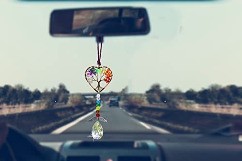Healing Crystal Decor Tree of Life Car Hanging Accessories Suncatcher with Wings 7 Chakras Window Wall Hanging Decor Meditation Ornaments Home Decoration Heart