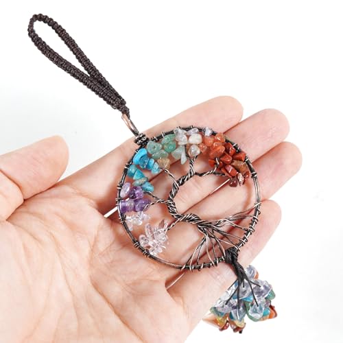 7 Chakras Crushed Crystals Decor Car Charm Round Tree of Life Car Hanging Accessories Wall Decor Meditation Ornaments Good Luck