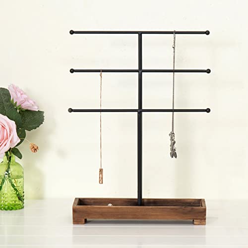 MyGift 3-Tier Black Metal T-Bar Jewelry Organizer Stand, Necklace and Bracelet Hanging Display with Brown Wood Ring Tray Black / Brown