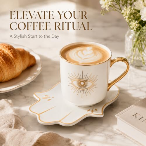 Tofficu Evil Eye Coffee Mug: Vintage Ceramic Teacup Turkish Arabic Greek Tea Server Sets Lucky Evil Eye Coffee Cup with Saucer for Cappuccino Mocha Tea Cereal Latte Mulled Wine