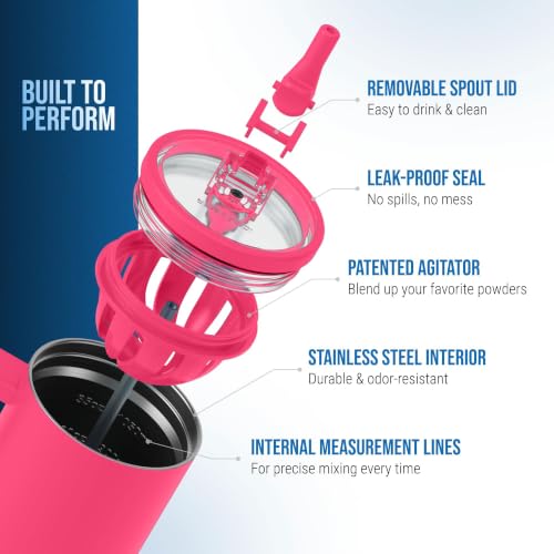 Ice Shaker 32 oz Tumbler with Handle and Straw | 32oz Neon Pink | Cold for 30+ Hours | 2-in-1 Tumbler Shaker Bottle | Odor-Free 32 ounce Bottle for Water, Protein Shakes, Smoothies, Cocktails